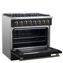 Forno 4-Piece Appliance Package - 36-Inch Dual Fuel Range, Wall Mount Range Hood, 60-Inch Built-In Convertible Refrigerator, and Dishwasher in Black with Antique Brass Handle