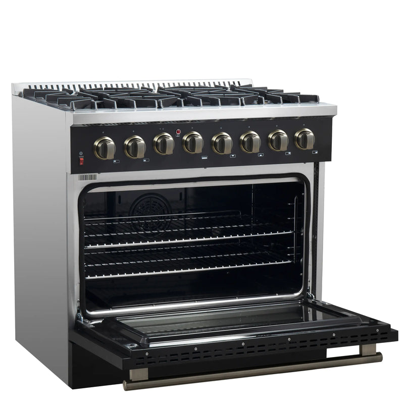 Forno Galiano 36-Inch Dual Fuel Range with 6 Gas Burners and 5.36 Cu.Ft. Electric Convection Oven in Black with Antique Brass Trim (FFSGS6156-36BLK)