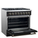 Forno 5-Piece Appliance Package - 36-Inch Dual Fuel Range, Wall Mount Range Hood, 60-Inch Refrigerator, Dishwasher, and 24-Inch Microwave Drawer in Black with Antique Brass Handle