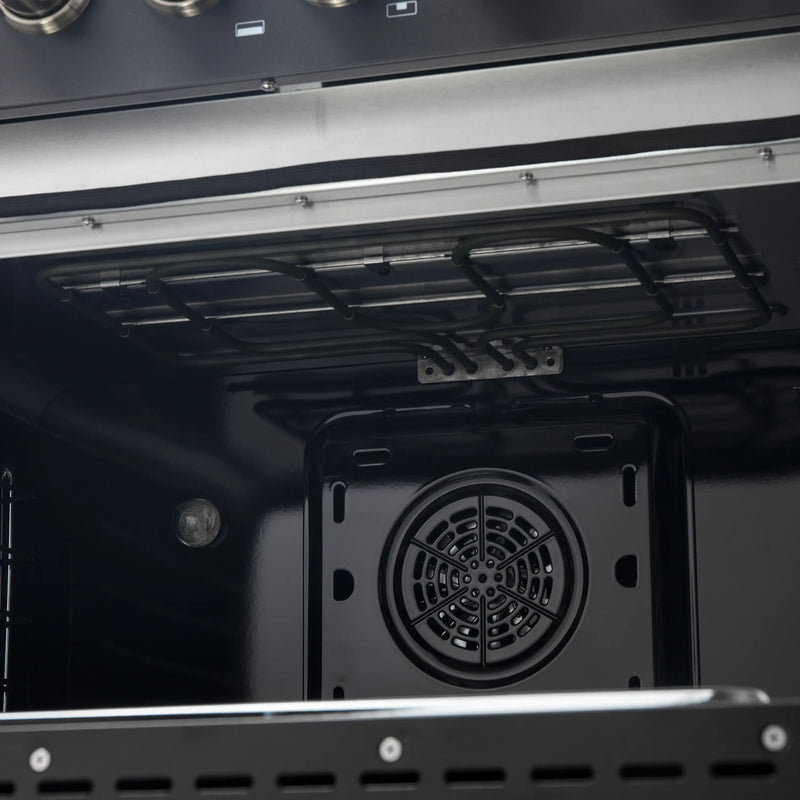 Forno Galiano 5-Piece Appliance Package - 36-Inch Dual Fuel Range, 36-Inch Hood, 36-Inch Refrigerator, 24-Inch Dishwasher, & 30-Inch Microwave Oven in Black with Antique Brass Trim