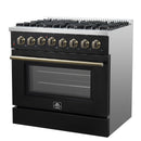 Forno Galiano 3-Piece Appliance Package - 36-Inch Dual Fuel Range, 36-Inch Refrigerator, & 24-Inch Dishwasher in Black with Antique Brass Trim