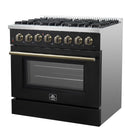 Forno 5-Piece Appliance Package - 36-Inch Dual Fuel Range, Wall Mount Range Hood, 60-Inch Refrigerator, Dishwasher, and 30-Inch Microwave Drawer in Black with Antique Brass Handle
