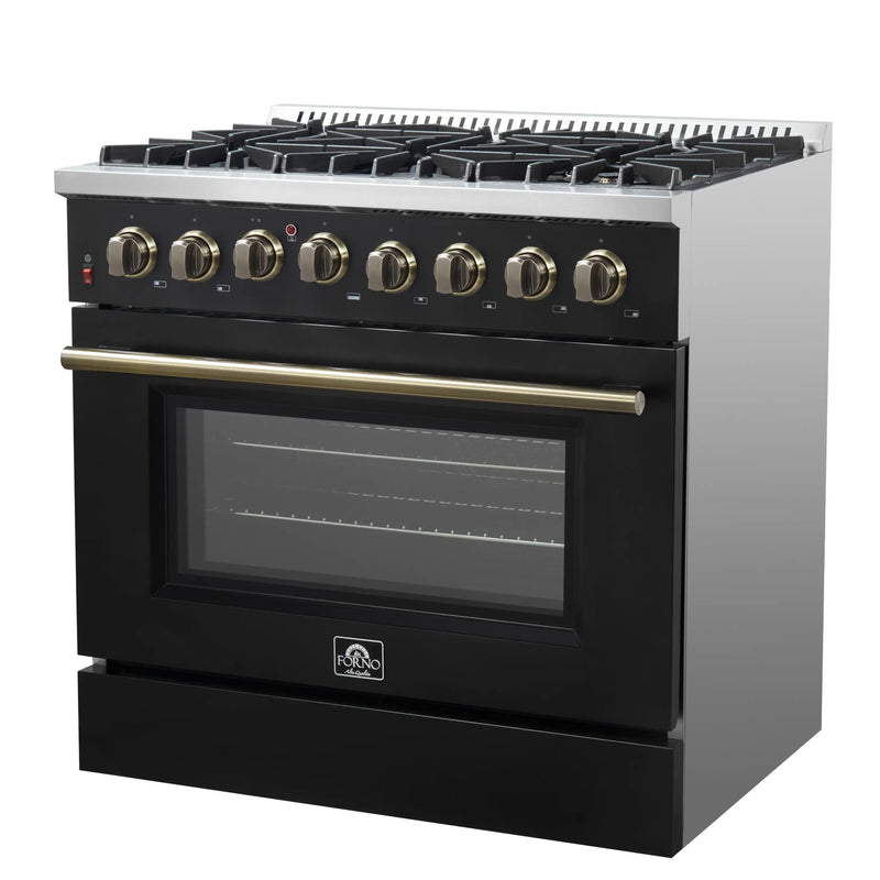 Forno Galiano 5-Piece Appliance Package - 36-Inch Dual Fuel Range, 36-Inch Hood, 36-Inch Refrigerator, 24-Inch Dishwasher, & 24-Inch Microwave Oven in Black with Antique Brass Trim