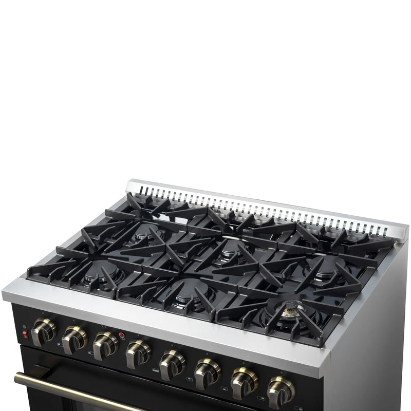 Forno Galiano 36-Inch Dual Fuel Range with 6 Gas Burners and 5.36 Cu.Ft. Electric Convection Oven in Black with Antique Brass Trim (FFSGS6156-36BLK)
