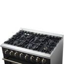 Forno 5-Piece Appliance Package - 36-Inch Dual Fuel Range, Wall Mount Range Hood, 60-Inch Refrigerator, Dishwasher, and 24-Inch Microwave Drawer in Black with Antique Brass Handle