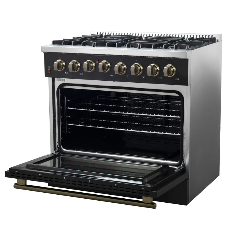 Forno Galiano 5-Piece Appliance Package - 36-Inch Dual Fuel Range, 36-Inch Hood, 36-Inch Refrigerator, 24-Inch Dishwasher, & 30-Inch Microwave Oven in Black with Antique Brass Trim