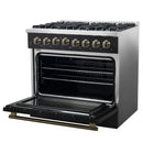 Forno 5-Piece Appliance Package - 36-Inch Dual Fuel Range, Wall Mount Range Hood, 60-Inch Refrigerator, Dishwasher, and 24-Inch Microwave Drawer in Black with Antique Brass Handle