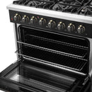 Forno 5-Piece Appliance Package - 36-Inch Dual Fuel Range, Wall Mount Range Hood, 60-Inch Refrigerator, Dishwasher, and 30-Inch Microwave Drawer in Black with Antique Brass Handle