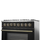 Forno Galiano 5-Piece Appliance Package - 36-Inch Dual Fuel Range, 36-Inch Hood, 36-Inch Refrigerator, 24-Inch Dishwasher, & 30-Inch Microwave Drawer in Black with Antique Brass Trim