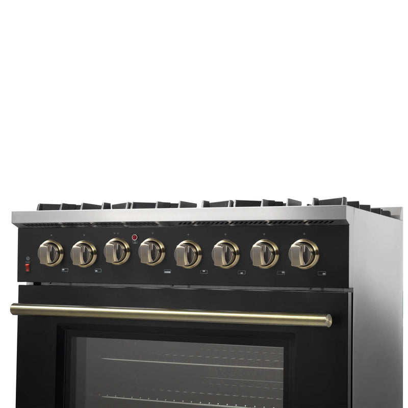 Forno Galiano 4-Piece Appliance Package - 36-Inch Dual Fuel Range, 36-Inch Hood, 36-Inch Refrigerator, & 24-Inch Dishwasher in Black with Antique Brass Trim