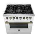Forno 4-Piece Appliance Package - 36-Inch Dual Fuel Range, 60-Inch Refrigerator, Dishwasher, & 30-Inch Microwave Drawer in White with Antique Brass Handle