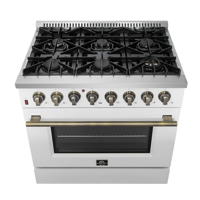 Forno Galiano 5-Piece Appliance Package - 36-Inch Dual Fuel Range, 36-Inch Hood, 36-Inch Refrigerator, 24-Inch Dishwasher, & 24-Inch Microwave Drawer in White with Antique Brass Trim