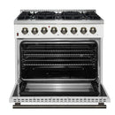 Forno 5-Piece Appliance Package - 36-Inch Galiano Dual Fuel Range, Wall Mount Range Hood, 60-Inch Refrigerator, Dishwasher, & 30-Inch Microwave Drawer in White with Antique Brass Handle
