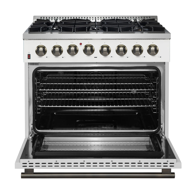 Forno Galiano 5-Piece Appliance Package - 36-Inch Dual Fuel Range, 36-Inch Hood, 36-Inch Refrigerator, 24-Inch Dishwasher, & 24-Inch Microwave Drawer in White with Antique Brass Trim