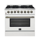 Forno 5-Piece Appliance Package - 36-Inch Galiano Dual Fuel Range, Wall Mount Range Hood, 60-Inch Refrigerator, Dishwasher, & 30-Inch Microwave Oven in White with Antique Brass Handle