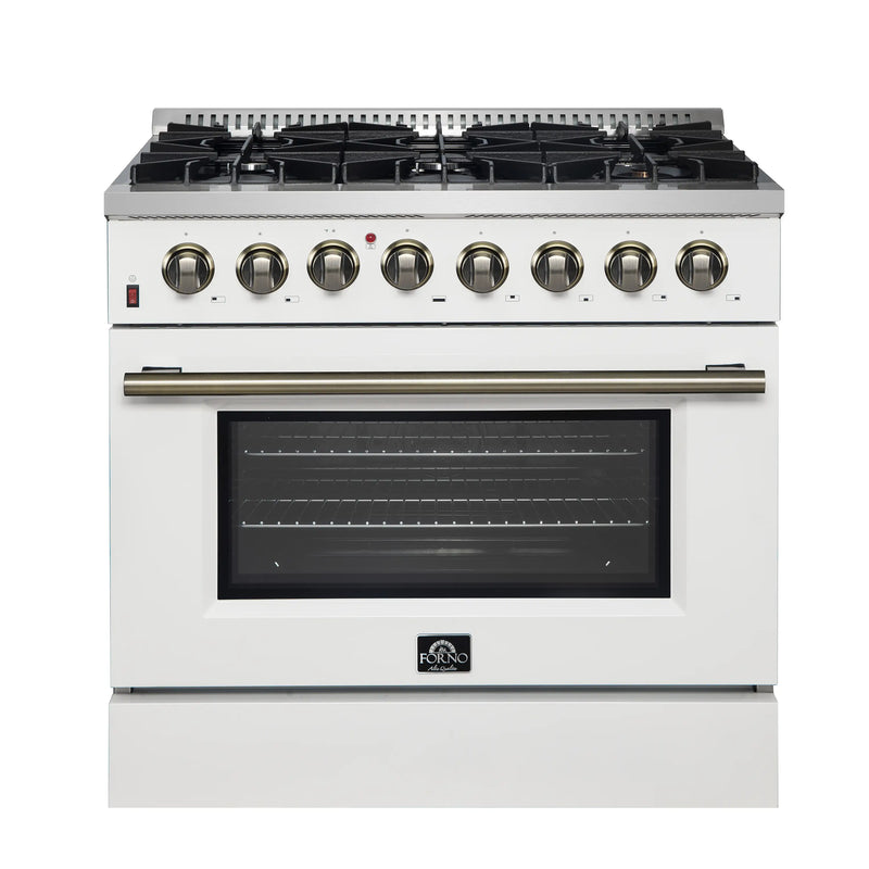 Forno Galiano 5-Piece Appliance Package - 36-Inch Dual Fuel Range, 36-Inch Hood, 36-Inch Refrigerator, 24-Inch Dishwasher, & 24-Inch Microwave Drawer in White with Antique Brass Trim