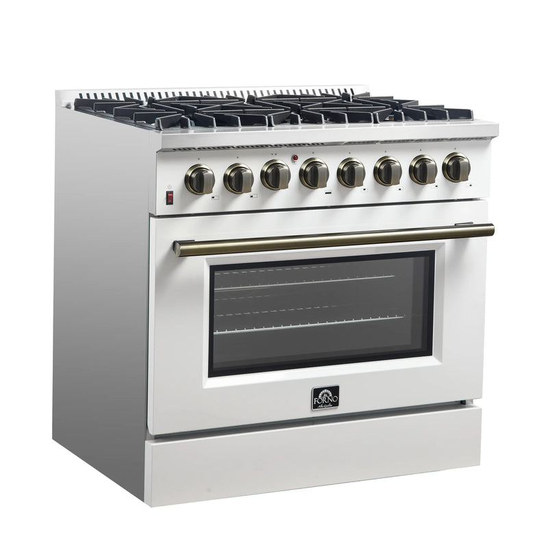 Forno Galiano 5-Piece Appliance Package - 36-Inch Dual Fuel Range, 36-Inch Hood, 36-Inch Refrigerator, 24-Inch Dishwasher, & 24-Inch Microwave Drawer in White with Antique Brass Trim