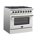 Forno 5-Piece Appliance Package - 36-Inch Dual Fuel Range, Wall Mount Range Hood, 36-Inch Refrigerator, Dishwasher, and 24-Inch Microwave Drawer in White with Antique Brass Handle