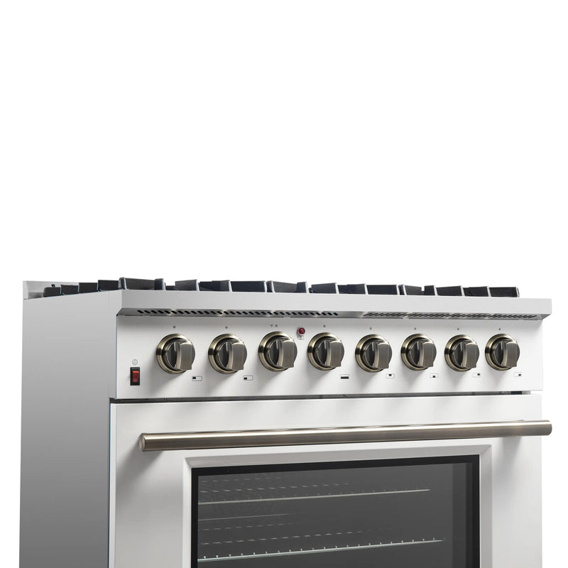 Forno Galiano 5-Piece Appliance Package - 36-Inch Dual Fuel Range, 36-Inch Hood, 36-Inch Refrigerator, 24-Inch Dishwasher, & 24-Inch Microwave Drawer in White with Antique Brass Trim