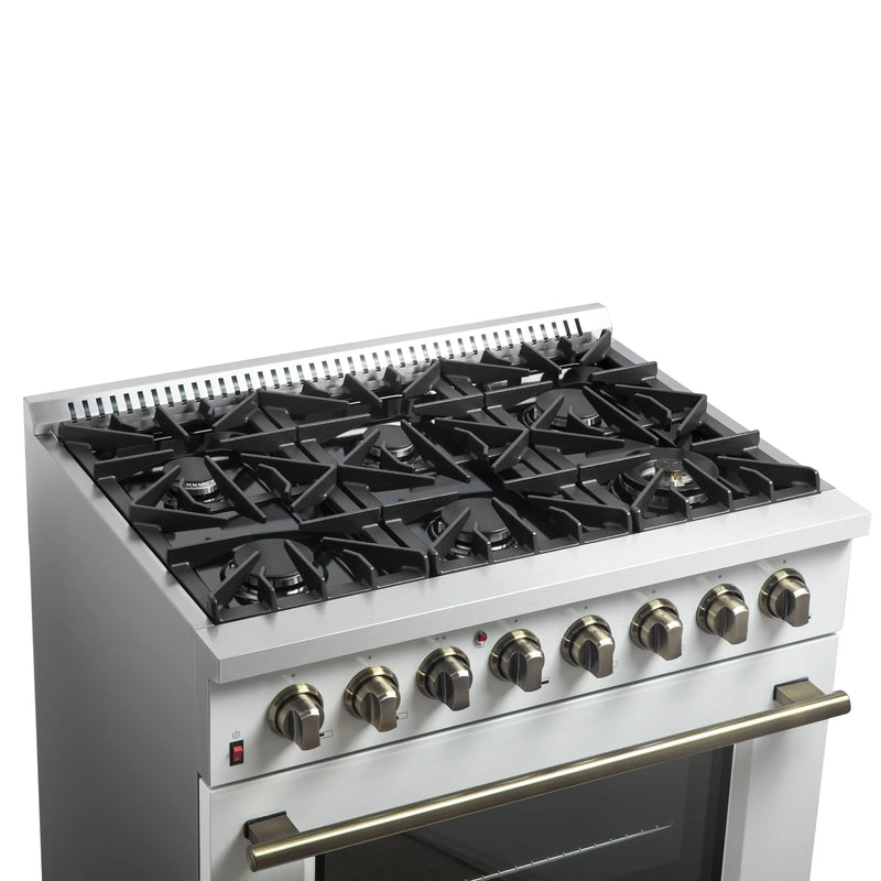 Forno Galiano 5-Piece Appliance Package - 36-Inch Dual Fuel Range, 36-Inch Hood, 36-Inch Refrigerator, 24-Inch Dishwasher, & 24-Inch Microwave Drawer in White with Antique Brass Trim