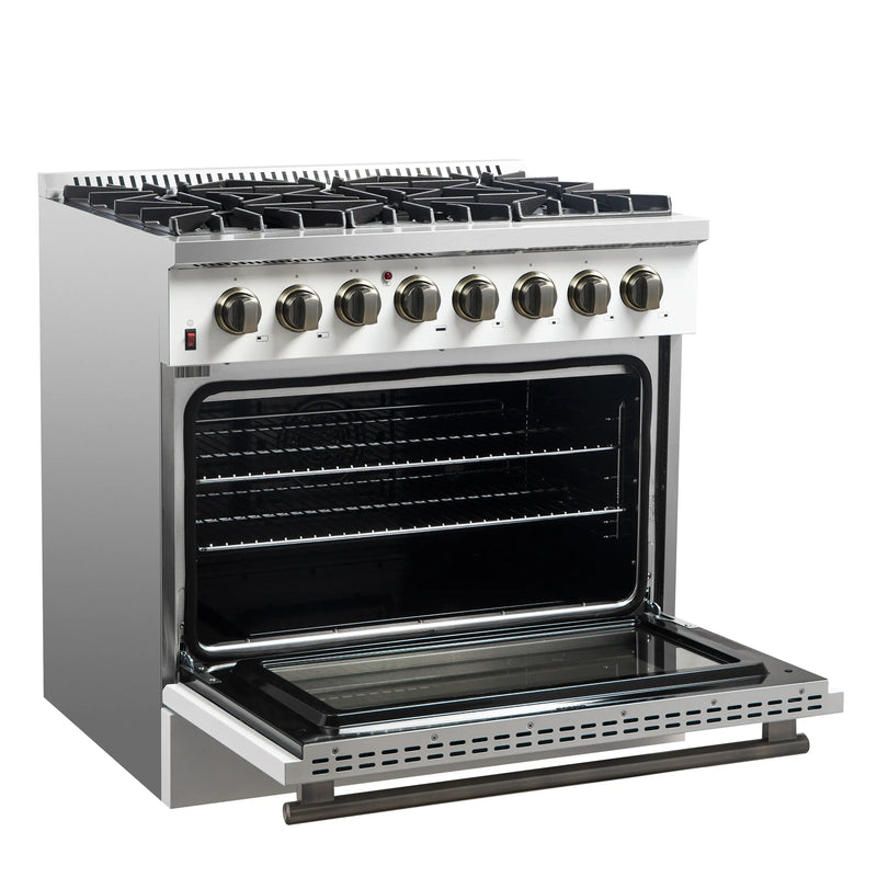 Forno Galiano 5-Piece Appliance Package - 36-Inch Dual Fuel Range, 36-Inch Hood, 36-Inch Refrigerator, 24-Inch Dishwasher, & 24-Inch Microwave Drawer in White with Antique Brass Trim