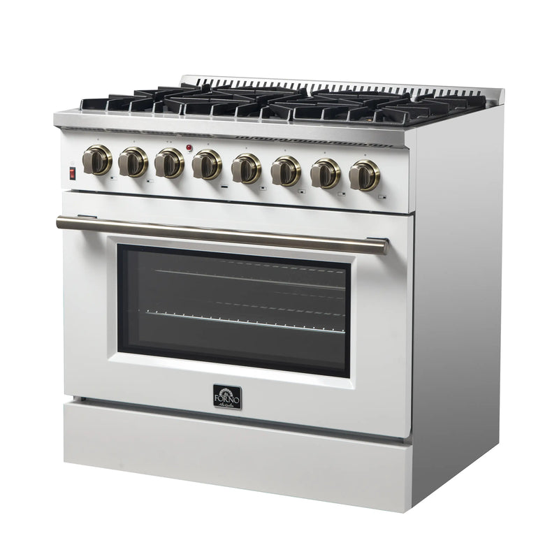 Forno Galiano 5-Piece Appliance Package - 36-Inch Dual Fuel Range, 36-Inch Hood, 36-Inch Refrigerator, 24-Inch Dishwasher, & 24-Inch Microwave Drawer in White with Antique Brass Trim