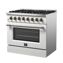 Forno 5-Piece Appliance Package - 36-Inch Dual Fuel Range, Wall Mount Range Hood, 60-Inch Refrigerator, Dishwasher, and 30-Inch Microwave Drawer in White with Antique Brass Handle