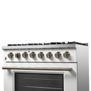 Forno 5-Piece Appliance Package - 36-Inch Dual Fuel Range, Wall Mount Range Hood, 60-Inch Refrigerator, Dishwasher, and 30-Inch Microwave Drawer in White with Antique Brass Handle