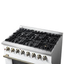 Forno Galiano 5-Piece Appliance Package - 36-Inch Dual Fuel Range, 36-Inch Hood, 36-Inch Refrigerator, 24-Inch Dishwasher, & 30-Inch Microwave Oven in White with Antique Brass Trim