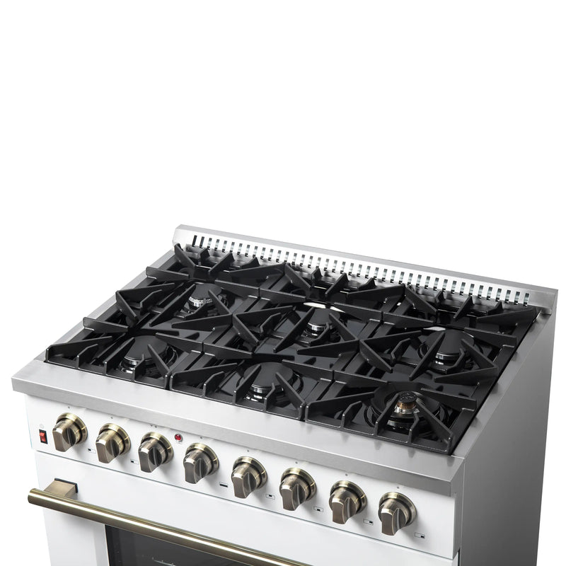 Forno Galiano 5-Piece Appliance Package - 36-Inch Dual Fuel Range, 36-Inch Hood, 36-Inch Refrigerator, 24-Inch Dishwasher, & 24-Inch Microwave Drawer in White with Antique Brass Trim