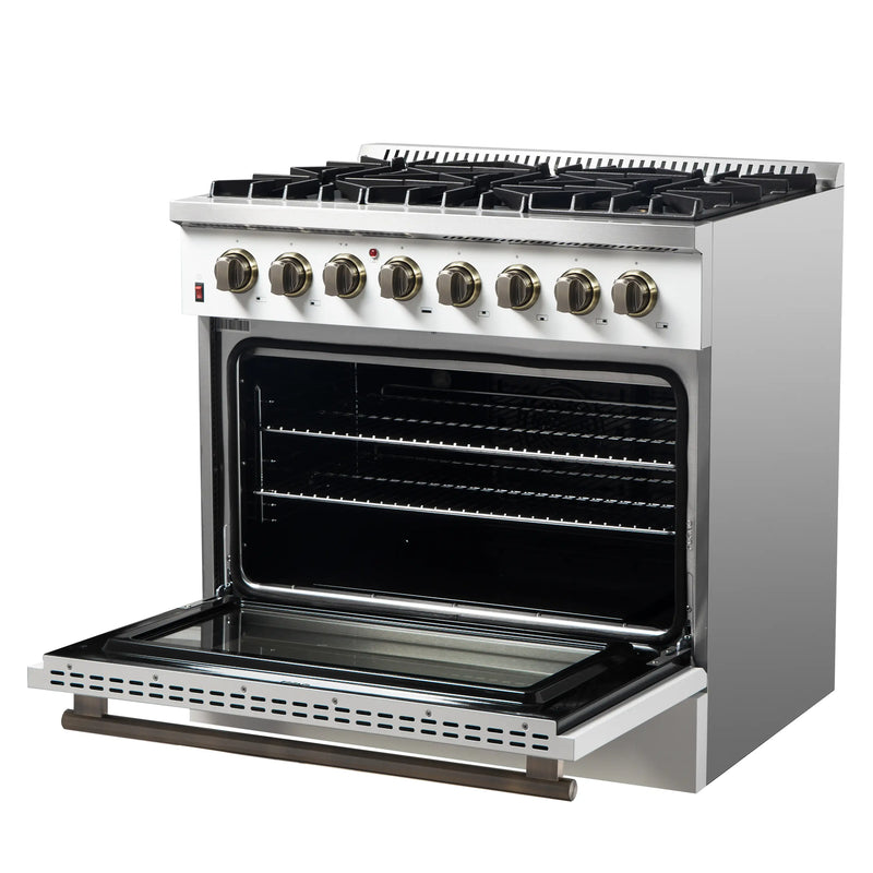 Forno Galiano 5-Piece Appliance Package - 36-Inch Dual Fuel Range, 36-Inch Hood, 36-Inch Refrigerator, 24-Inch Dishwasher, & 24-Inch Microwave Drawer in White with Antique Brass Trim