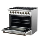 Forno 5-Piece Appliance Package - 36-Inch Dual Fuel Range, Wall Mount Range Hood, 60-Inch Refrigerator, Dishwasher, & 30-Inch Microwave Oven in White with Antique Brass Handle