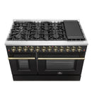 Forno Galiano 5-Piece Appliance Package - 48-Inch Dual Fuel Range, 48-Inch Hood, 36-Inch Refrigerator, 24-Inch Dishwasher, & 30-Inch Microwave Oven in Black with Antique Brass Trim