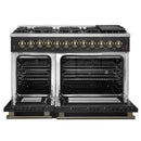 Forno 4-Piece Appliance Package - 48-Inch Dual Fuel Range, Wall Mount Range Hood, 60-Inch Built-In Convertible Refrigerator, and Dishwasher in Black with Antique Brass Handle