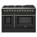 Forno 5-Piece Appliance Package - 48-Inch Dual Fuel Range, Wall Mount Range Hood, 36-Inch Refrigerator, Dishwasher, and 30-Inch Microwave Drawer in Black with Antique Brass Handle