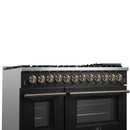 Forno Galiano 5-Piece Appliance Package - 48-Inch Dual Fuel Range, 48-Inch Hood, 36-Inch Refrigerator, 24-Inch Dishwasher, & 30-Inch Microwave Drawer in Black with Antique Brass Trim