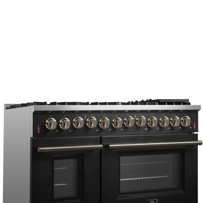 Forno Galiano 5-Piece Appliance Package - 48-Inch Dual Fuel Range, 48-Inch Hood, 36-Inch Refrigerator, 24-Inch Dishwasher, & 30-Inch Microwave Oven in Black with Antique Brass Trim
