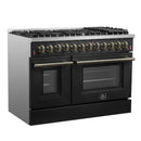 Forno 5-Piece Appliance Package - 48-Inch Dual Fuel Range, Wall Mount Range Hood, 36-Inch Refrigerator, Dishwasher, and 30-Inch Microwave Drawer in Black with Antique Brass Handle
