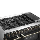 Forno 5-Piece Appliance Package - 48-Inch Dual Fuel Range, Wall Mount Range Hood, 36-Inch Refrigerator, Dishwasher, and 30-Inch Microwave Drawer in Black with Antique Brass Handle
