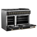 Forno Galiano 4-Piece Appliance Package - 48-Inch Dual Fuel Range, 48-Inch Hood, 36-Inch Refrigerator, & 24-Inch Dishwasher in Black with Antique Brass Trim