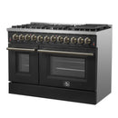 Forno Galiano 5-Piece Appliance Package - 48-Inch Dual Fuel Range, 48-Inch Hood, 36-Inch Refrigerator, 24-Inch Dishwasher, & 24-Inch Microwave Oven in Black with Antique Brass Trim