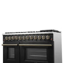 Forno Galiano 5-Piece Appliance Package - 48-Inch Dual Fuel Range, 48-Inch Hood, 36-Inch Refrigerator, 24-Inch Dishwasher, & 30-Inch Microwave Drawer in Black with Antique Brass Trim