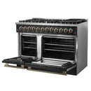 Forno Galiano 5-Piece Appliance Package - 48-Inch Dual Fuel Range, 48-Inch Hood, 36-Inch Refrigerator, 24-Inch Dishwasher, & 30-Inch Microwave Oven in Black with Antique Brass Trim