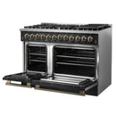 Forno 5-Piece Appliance Package - 48-Inch Dual Fuel Range, Wall Mount Range Hood, 36-Inch Refrigerator, Dishwasher, and 30-Inch Microwave Drawer in Black with Antique Brass Handle