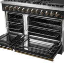 Forno 5-Piece Appliance Package - 48-Inch Dual Fuel Range, 60-Inch Convertible Refrigerator with Modern Trim, Dishwasher, and 30-Inch Microwave Oven in Black with Antique Brass Handle