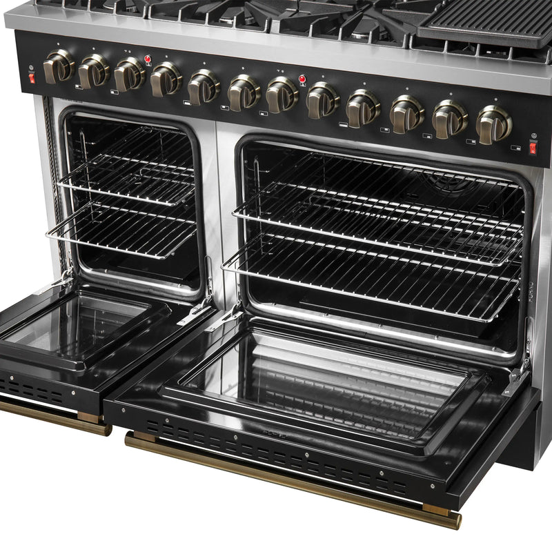 Forno Galiano 5-Piece Appliance Package - 48-Inch Dual Fuel Range, 48-Inch Hood, 36-Inch Refrigerator, 24-Inch Dishwasher, & 30-Inch Microwave Oven in Black with Antique Brass Trim