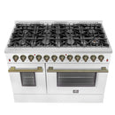 Forno 5-Piece Appliance Package - 48-Inch Galiano Dual Fuel Range, Wall Mount Range Hood, 60-Inch Refrigerator, Dishwasher, & 30-Inch Microwave Oven in White with Antique Brass Handle