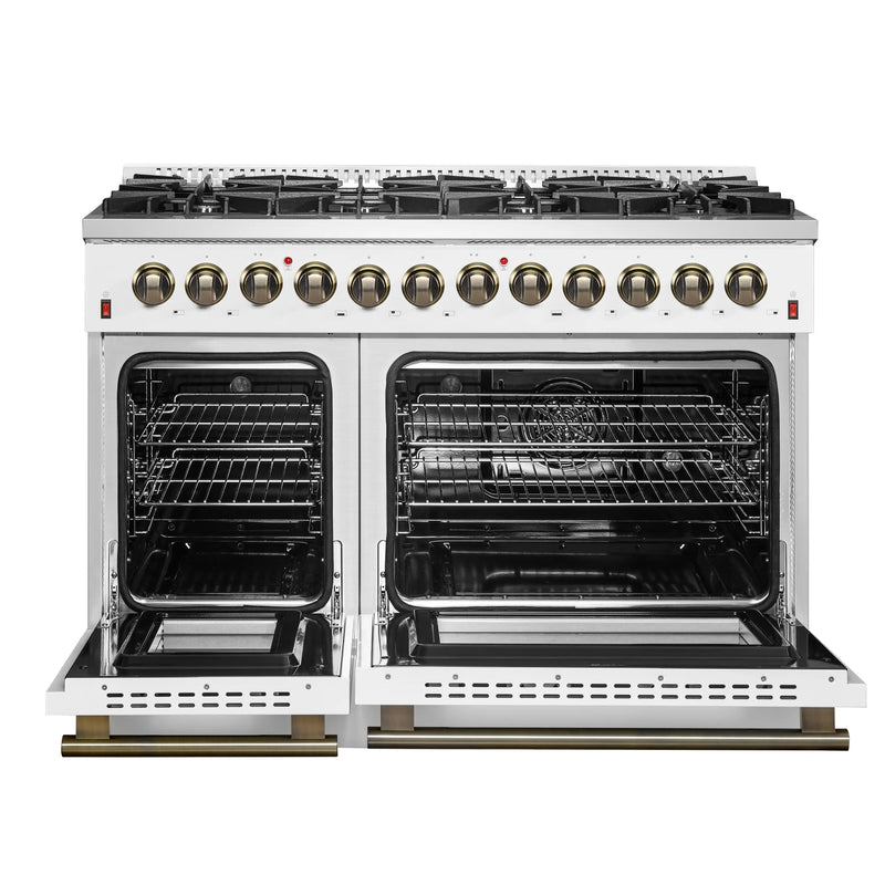 Forno Galiano 5-Piece Appliance Package - 48-Inch Dual Fuel Range, 48-Inch Hood, 36-Inch Refrigerator, 24-Inch Dishwasher, & 24-Inch Microwave Oven in White with Antique Brass Trim