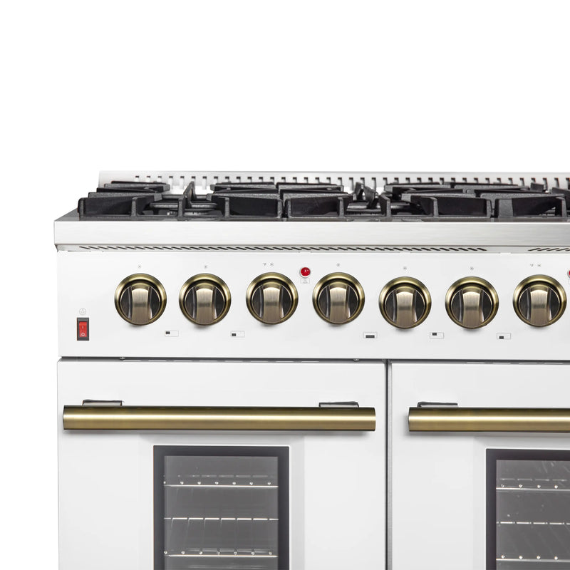 Forno Galiano 5-Piece Appliance Package - 48-Inch Dual Fuel Range, 48-Inch Hood, 36-Inch Refrigerator, 24-Inch Dishwasher, & 24-Inch Microwave Oven in White with Antique Brass Trim