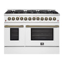 Forno 4-Piece Appliance Package - 48-Inch Dual Fuel Range, Wall Mount Range Hood, 60-Inch Built-In Convertible Refrigerator, and Dishwasher in White with Antique Brass Handle
